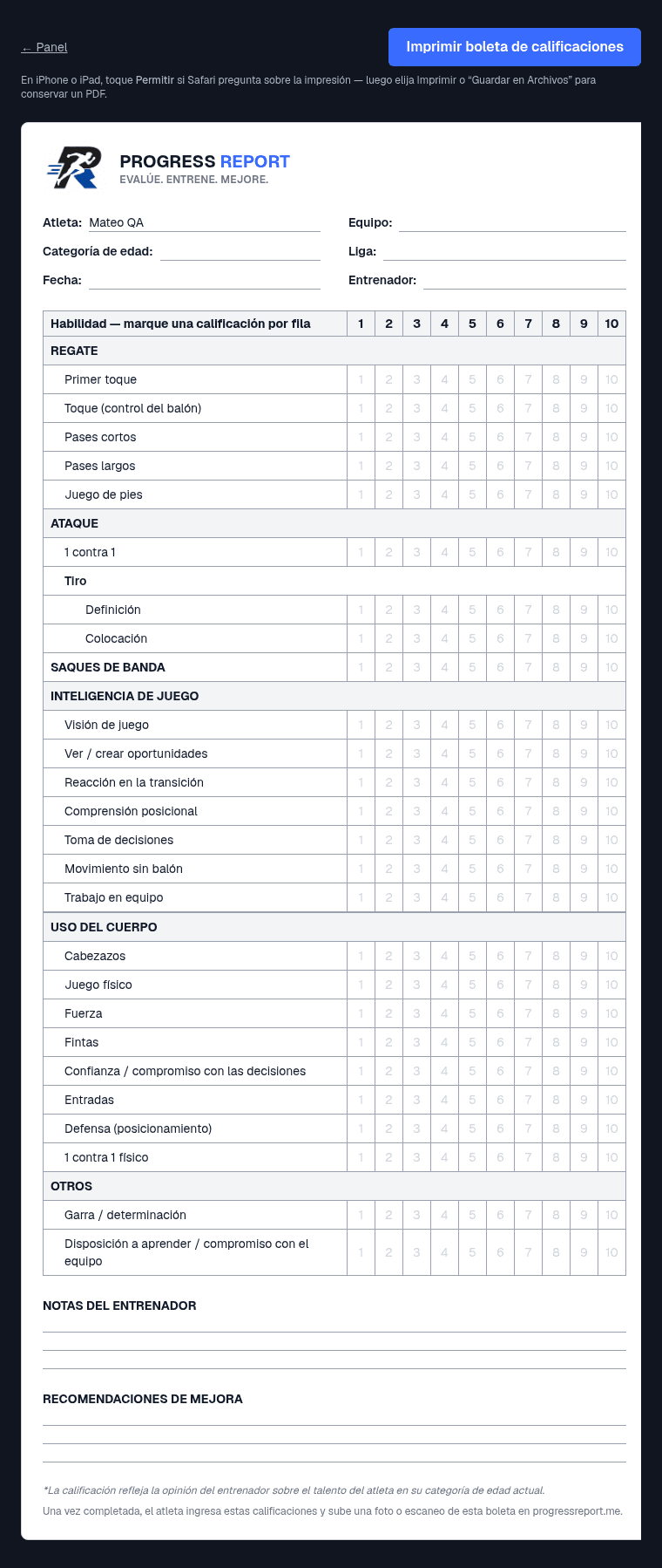 Imprima la boleta: una pantalla de Progress Report