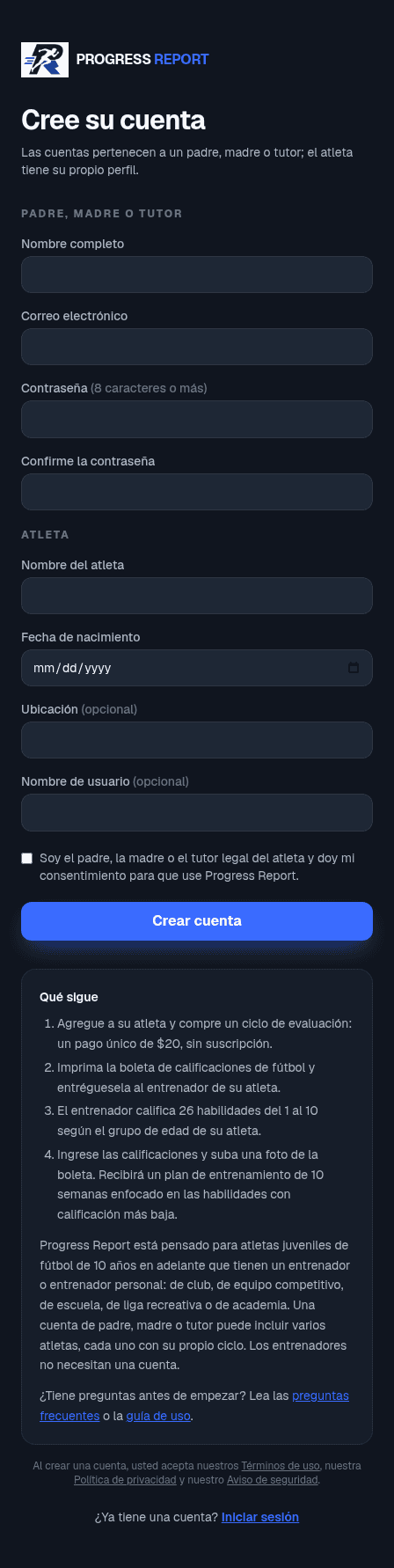 Cree su cuenta: una pantalla de Progress Report