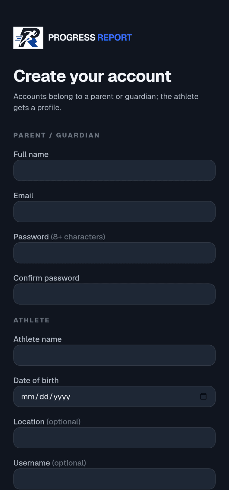 Create your account — a Progress Report screen