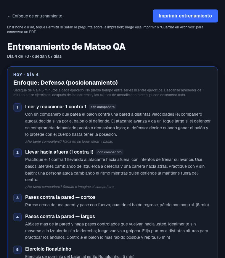 Entrene con su programa de 70 días: una pantalla de Progress Report